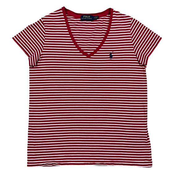Polo Ralph Lauren Womens Red Stripe V Neck Short Sleeve Shirt Size Small - Picture 1 of 4